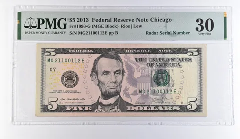 2013 $5 Chicago IL FRN Radar S/N Fr#1996-G VF 30 PMG *9443