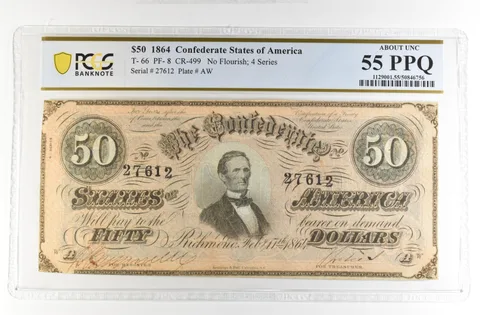 1864 $50 Confederate States Large Note T-66 PF-8 CR-499 AU 55 PPQ PCGS *4203
