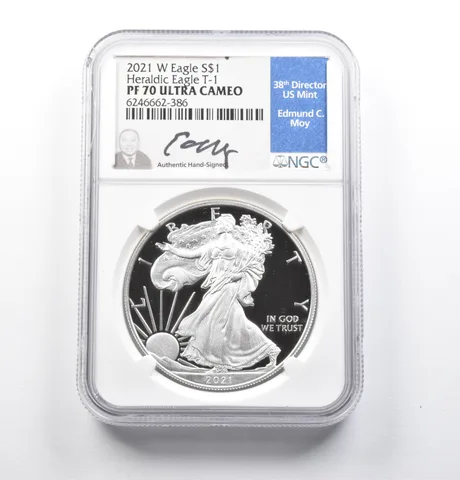 PF70 UCAM 2021-W American Silver Eagle Heraldic Eagle T-1 Signed Moy NGC a4741