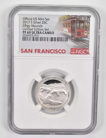 2017-S Silver PF69 Effigy Mounds Quarter NGC Limited Edition San Fran Lbl