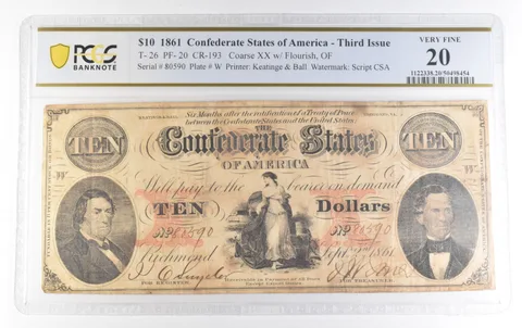 1861 $10 Confederate Third Issue T-26 PF-20 CR-193 Very Fine 20 PCGS *0137