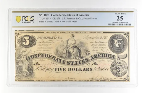 1861 $5 Confederate States America Large Note T-36 PF-4 CR-278 VF 25 PCGS *4169