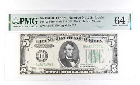 1934 B $5 St Louis MO FRN Fr#1958-Hm Mule 637 64 Choice Unc EPQ PMG *0940