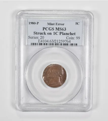 MS63 1980-P Jefferson Nickel - Mint Error Stuck On 1C Planchet Graded PCGS *1442