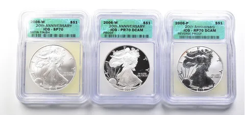 Set Anniversary 2006-W/P American Silver Eagle PR70/SP70/RP70 ICG a3696