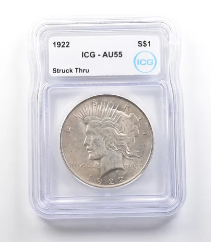 1922 Peace Silver Dollar Mint Error Struck Thru AU55 ICG *2345