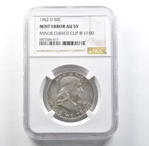 1962-D Franklin Half Dollar Mint Error Minor Curved Clip @ 11:00 AU55 NGC *3130
