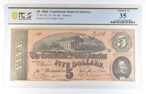 1864 $5 Confederate States Of America T-69 PF-10 CR-564 Choice VF35 PCGS *8142