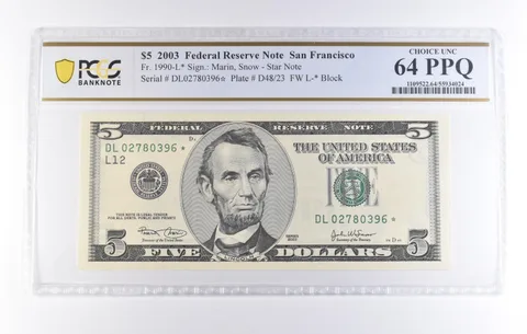 2003 $5 San Francisco CA FRN Star Note Fr#1990-L* Choice Unc 64 PPQ PCGS *8311