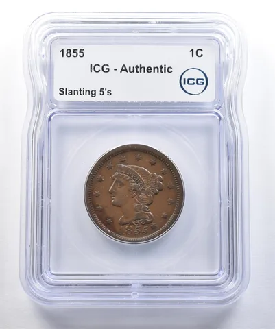 1855 Braided Hair Large Cent Slanting 5s Authentic ICG a7756