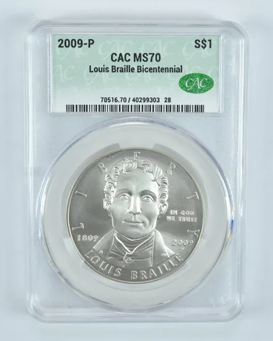 2009-P Louis Braille Commemorative Silver Dollar MS70 CAC CACg