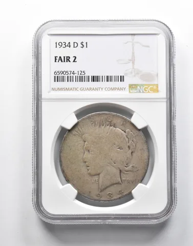FAIR 2 1934-D Peace Silver Dollar NGC Lowball Low Ball Pocket Piece a9254