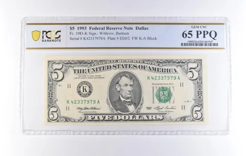 1993 $5 Dallas TX FRN Fr#1983-K Gem Unc 65 PPQ PCGS *8213