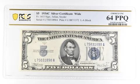 1934 C $5 Silver Certificate Wide Fr#1653 Choice Unc 64 PPQ PCGS a2839