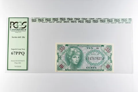 PCGS Superb Gem New 67 PPQ 5 10C Series 641 Military Payment Certificate *8296