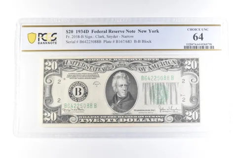 1934 D $20 New York NY FRN Fr#2058-B Choice Unc 64 PCGS *6081