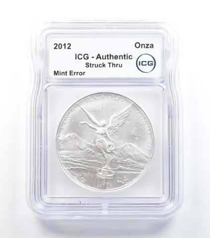 2012 Mo Mexico 1 Onza Silver Libertad Mint Error Struck Thru Authentic ICG *5052