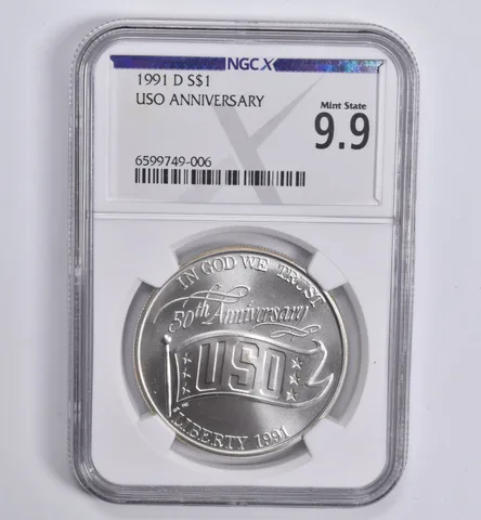 1991-D USO Anniversary Commemorative Dollar Mint State 9.9 NGC X NGCX
