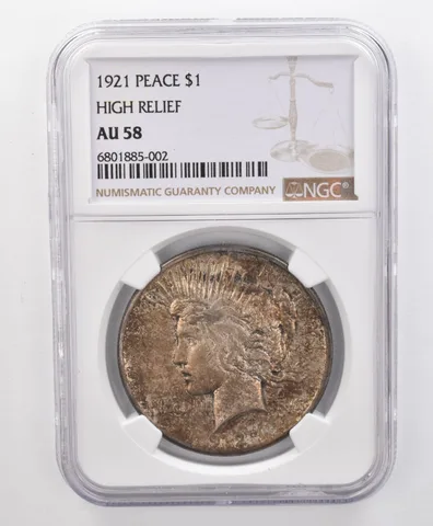 AU58 1921 Peace Silver Dollar High Relief NGC Beautifully Toned a1978