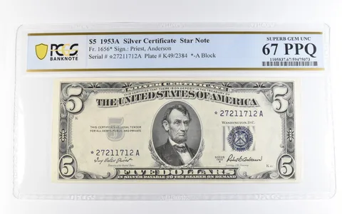 1953 A $5 Silver Certificate Star Note Fr#1656* Superb Gem Unc 67 PPQ PCGS *1693