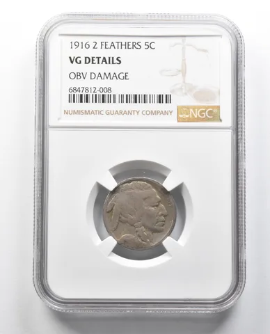 VG Details 1916 2 Feathers Indian Head Buffalo Nickel Obv Damage NGC *2410