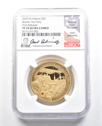 2023 St Helena 5 Pound Gold Boston Tea Party Joel Iskowitz FR PF70 NGC *5471