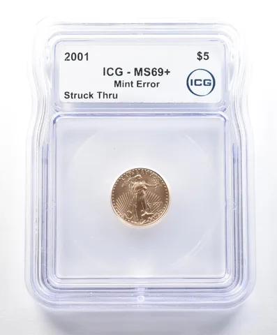 2001 $5 American Gold Eagle Mint Error Struck Thru 1/10 Oz MS69+ ICG *9043