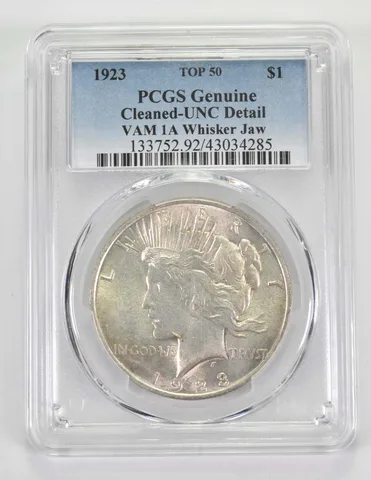 UNC Detail Genuine 1923 Peace Silver Dollar VAM 1A Whisker Jaw Top 50 PCGS a9717
