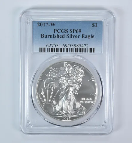 2017-W Burnished Silver Eagle SP69 PCGS Blue Label