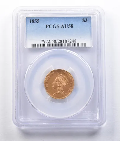 1855 $3 Indian Princess Head Gold Three Dollars AU58 PCGS *2958