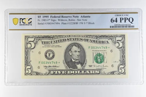 1995 $5 Atlanta GA FRN Star Note Fr#1985-F* Choice Unc 64 PPQ PCGS *6530