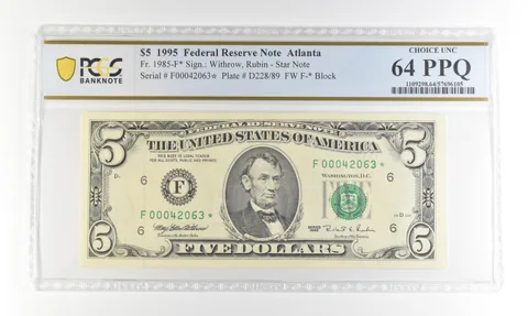 1995 $5 FRN Atlanta GA Fr#1985-F* Star Error Choice Unc 64 PPQ PCGS *4237
