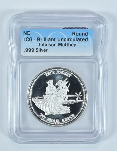 (ND) Silver Art Round 1 Oz Right To Bear Arms Johnson Matthey BU ICG