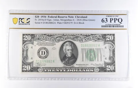 1934 $20 Cleveland OH FRN Fr#2054a-D DGS (Blue-Green) Ch Unc 63 PPQ PCGS *8241