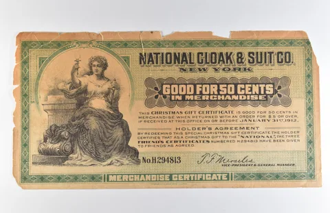 1912 50 Cents NY National Cloak & Suit Co Merchandise Certificate Obsolete *8596