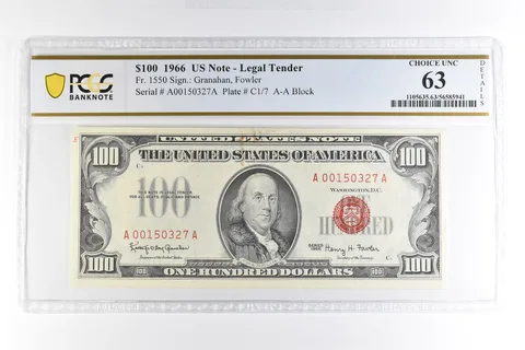 1966 $100 US Legal Tender Note Fr#1550 Choice Unc 63 Details PCGS *4963