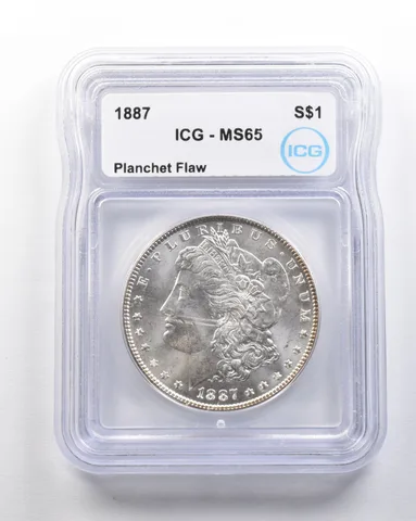 1887 Morgan Silver Dollar Mint Error Planchet Flaw MS65 ICG a1601