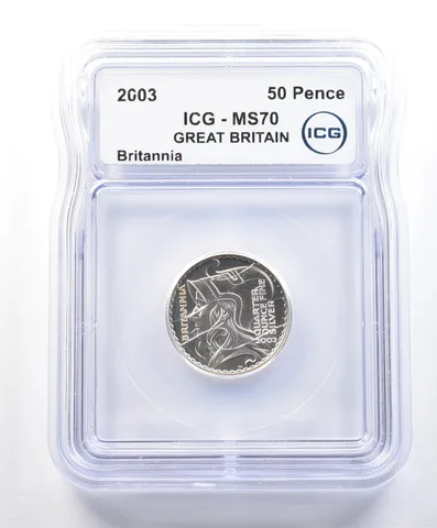 2003 Great Britain 50 Pence Silver Britannia 1/4 Oz MS70 ICG a8983