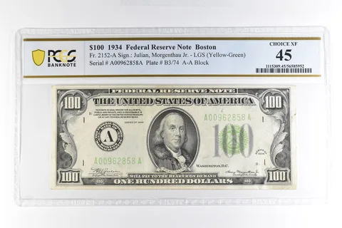 1934 $100 Boston MA FRN Fr#2152-A Yellow-Green Seal Choice XF 45 PCGS *4974