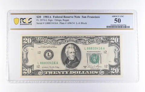 1981 A $20 San Francisco CA FRN Fr#2074-L About Unc 50 PCGS *8284