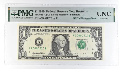 1999 $1 Boston MA FRN Fr#1924-A BEP Millennium Note PMG Fancy Serial a8092