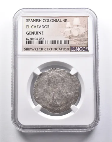 Genuine El Cazador Spanish Colonial 4 Reales NGC Shipwreck Certification *3752