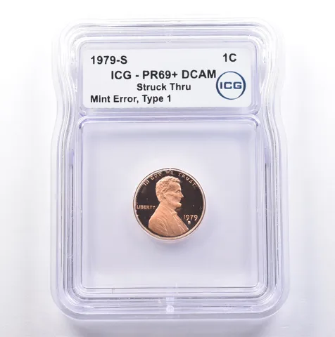 1979-S Lincoln Memorial Cent Type 1 Mint Error Struck Thru PR69+ DCAM ICG *9029