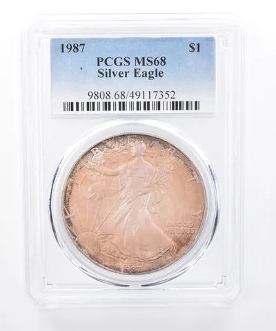 1987 American Silver Eagle MS68 PCGS Rainbow Tone *8410
