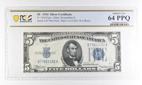 1934 $5 Silver Certificate Fr#1650 Choice Unc 64 PPQ PCGS a2821