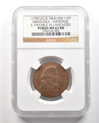 (1790s) G. Britain D&H-955 1/2 Penny Middlesex-National Token MS63 RB NGC *4734