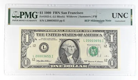 1999 $1 San Francisco FRN Fr#1925-L BEP Millennium Note PMG Fancy Serial *8102