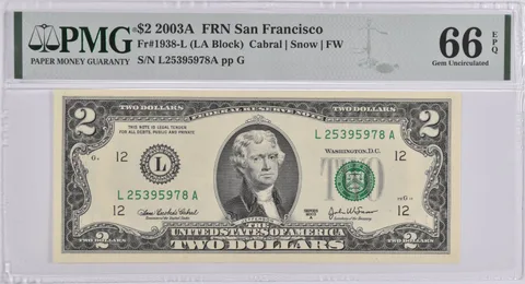 $2 2003-A San Francisco CA Federal Reserve Note PMG Gem Unc 66 EPQ Fr#1938-L
