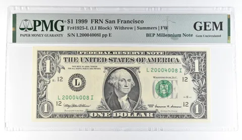 1999 $1 San Francisco FRN Fr#1925-L BEP Millennium Note PMG Fancy Serial *8108
