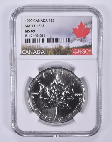 1990 Canada 5 Dollars Silver Maple Leaf MS69 NGC Canada Label